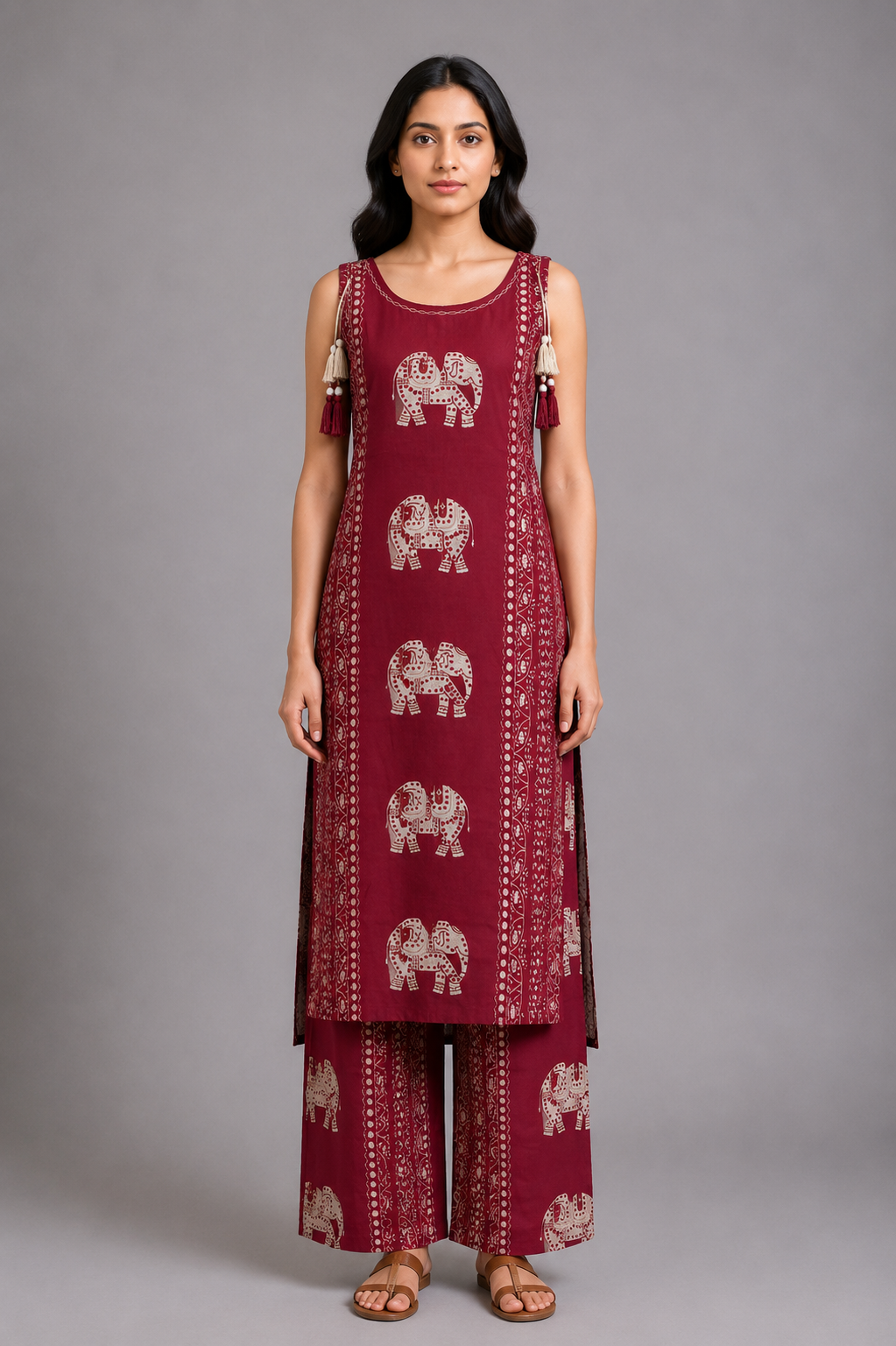 Maroon Elephant Print Kurta Palazzo Set